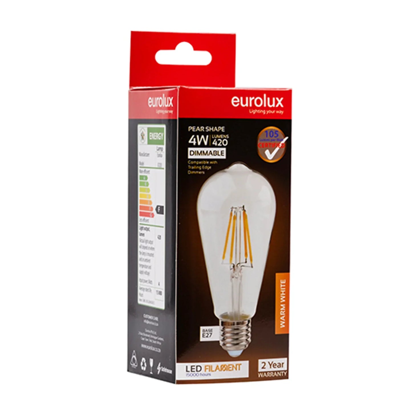 The Lighting Club LED Bulbs 4W E27 LED Filament Pear Bulb – Warm White 3000K Dimmable G1203 6009551809883