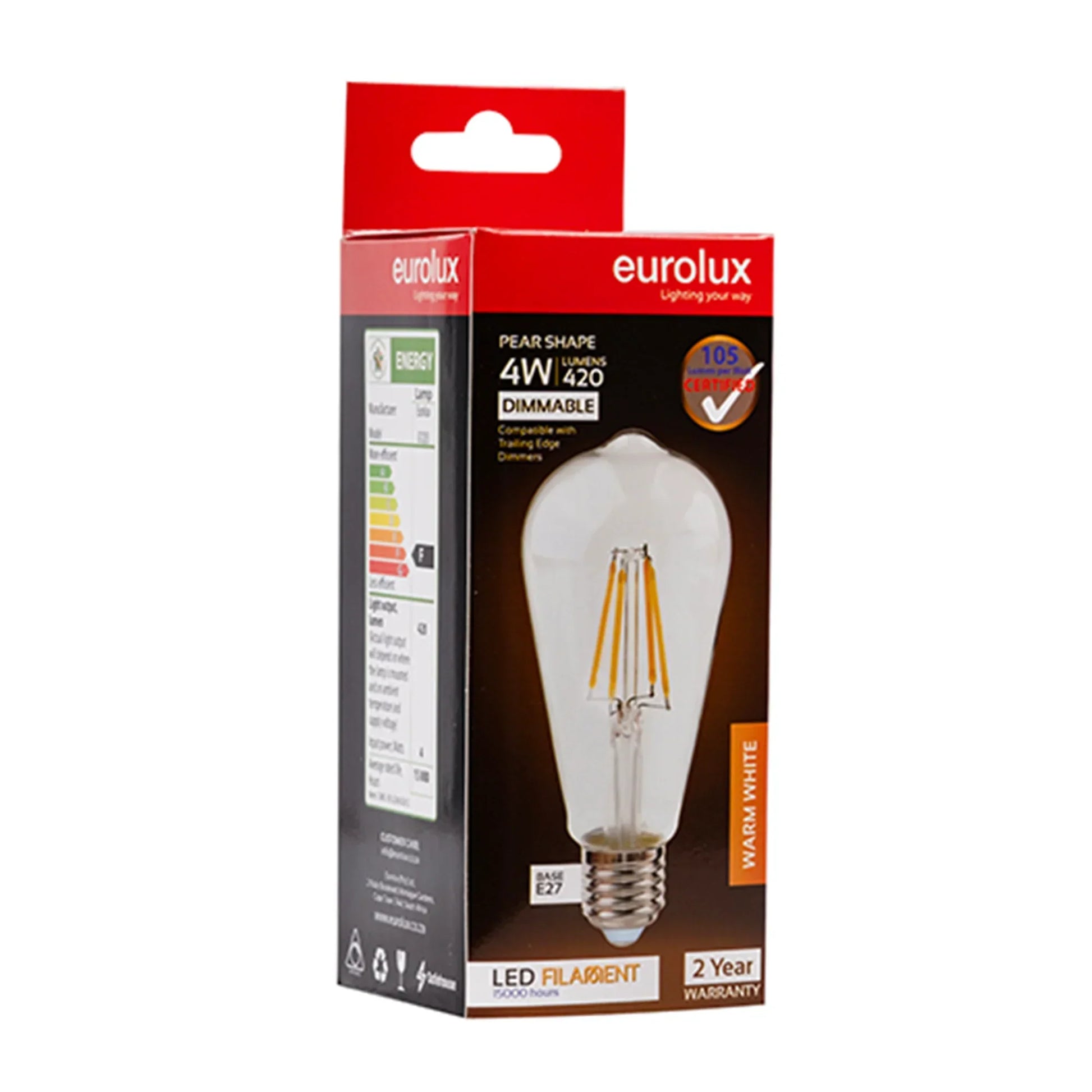 The Lighting Club LED Bulbs 4W E27 LED Filament Pear Bulb – Warm White 3000K Dimmable G1203 6009551809883