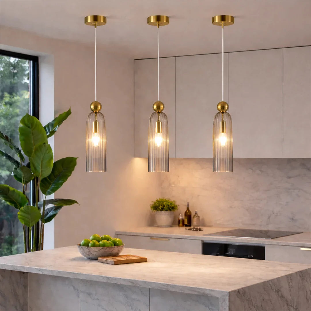 The Lighting Club Pendant Lights Gold Ribbed Glass Pendant Light – Smokey Grey E14 Hanging Ceiling Light P1338 6009551810742