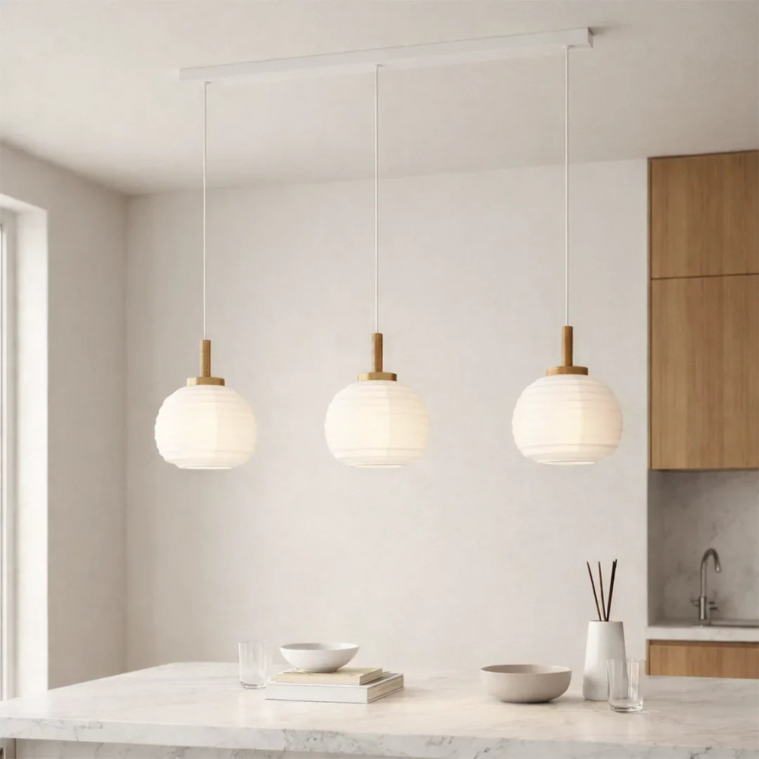 The Lighting Club pendant light 3 Light White Paper Pendant with Wooden Bar – Modern Linear Dining Room Ceiling Light P1355 9002759440664