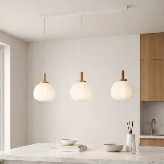 The Lighting Club pendant light 3 Light White Paper Pendant with Wooden Bar – Modern Linear Dining Room Ceiling Light P1355 9002759440664