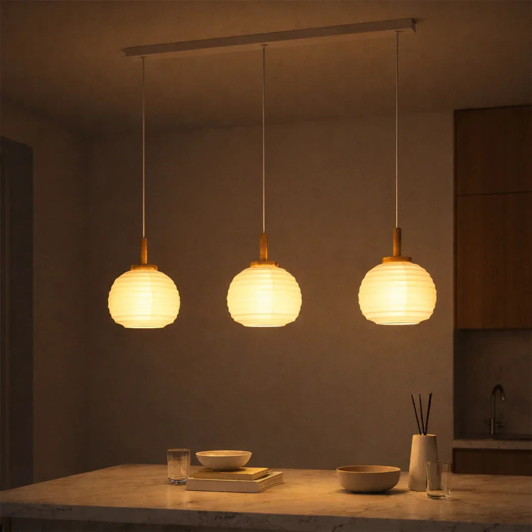 The Lighting Club pendant light 3 Light White Paper Pendant with Wooden Bar – Modern Linear Dining Room Ceiling Light P1355 9002759440664