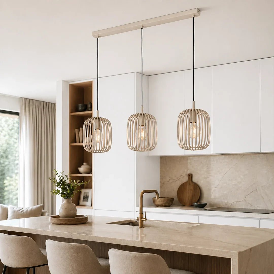 The Lighting Club pendant light Slatted Steel Cage 3 Light Linear Pendant in Cream P1357 9008606244317