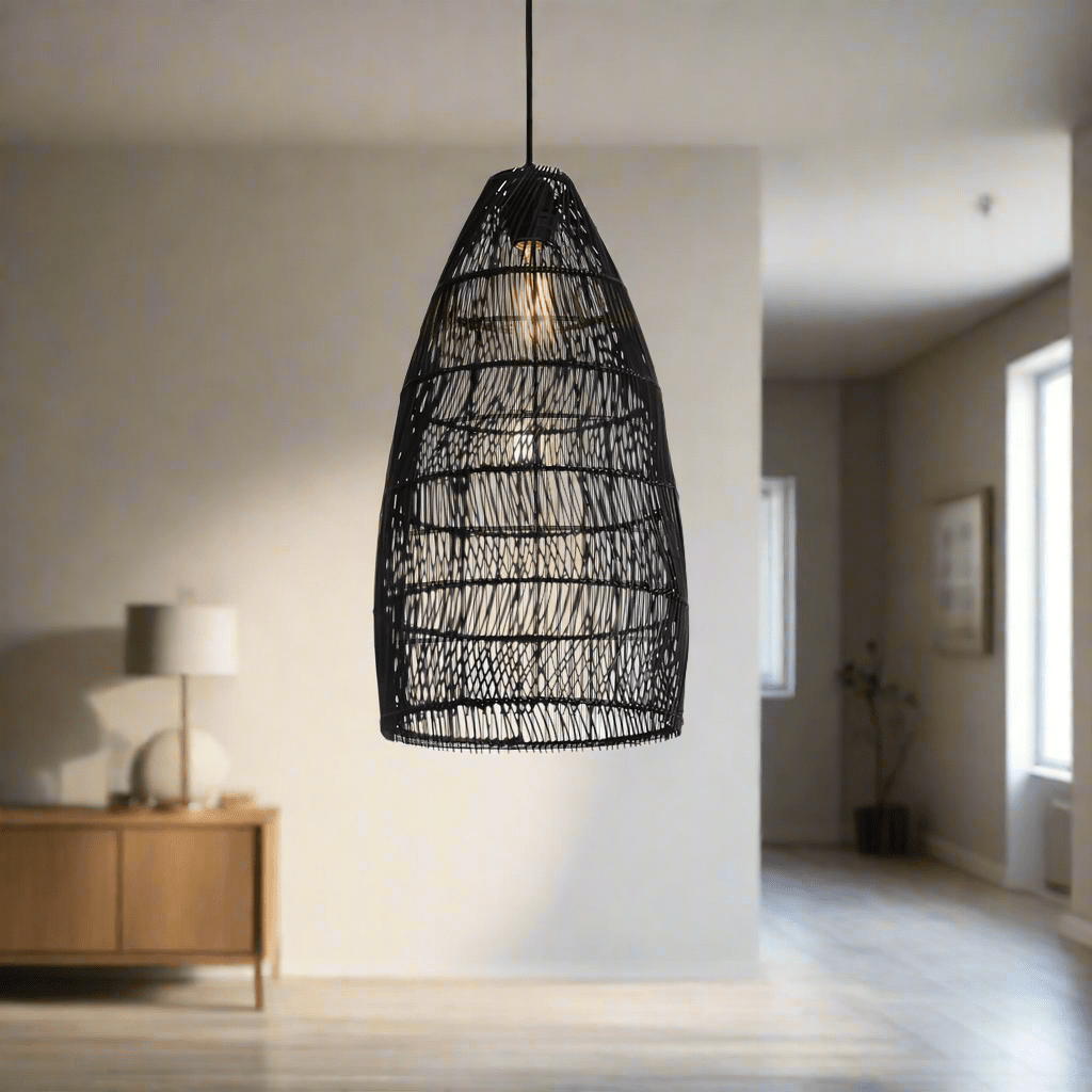 The Lighting Club Tall Wave Rattan Pendant Light Natural | Black